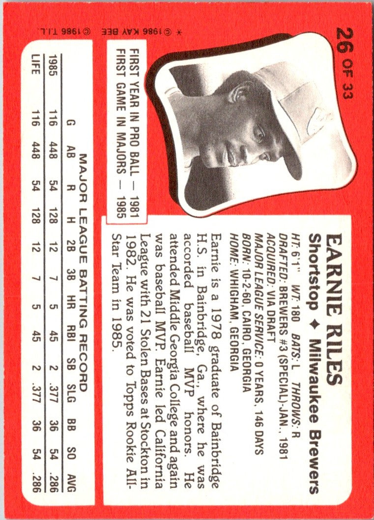 1986 Topps Kay-Bee Young Superstars of Baseball Earnie Riles