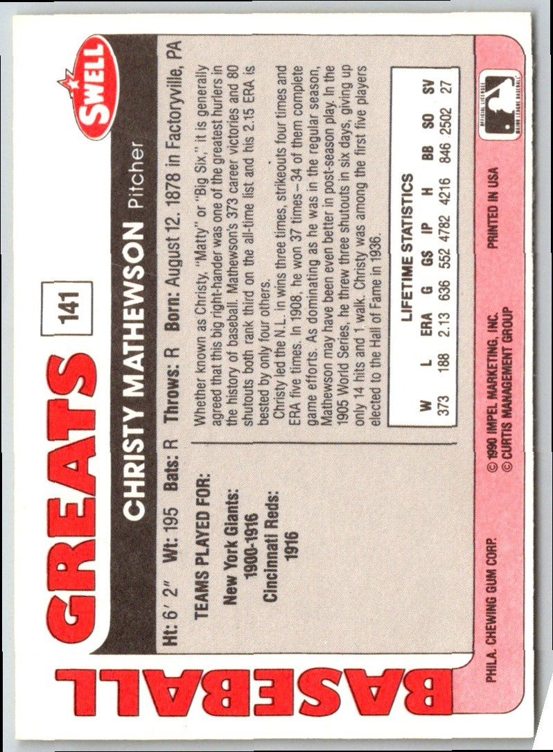 1991 Swell Baseball Greats Christy Mathewson