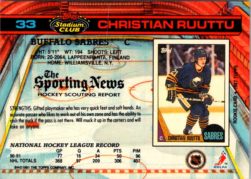 1991 Stadium Club Christian Ruuttu