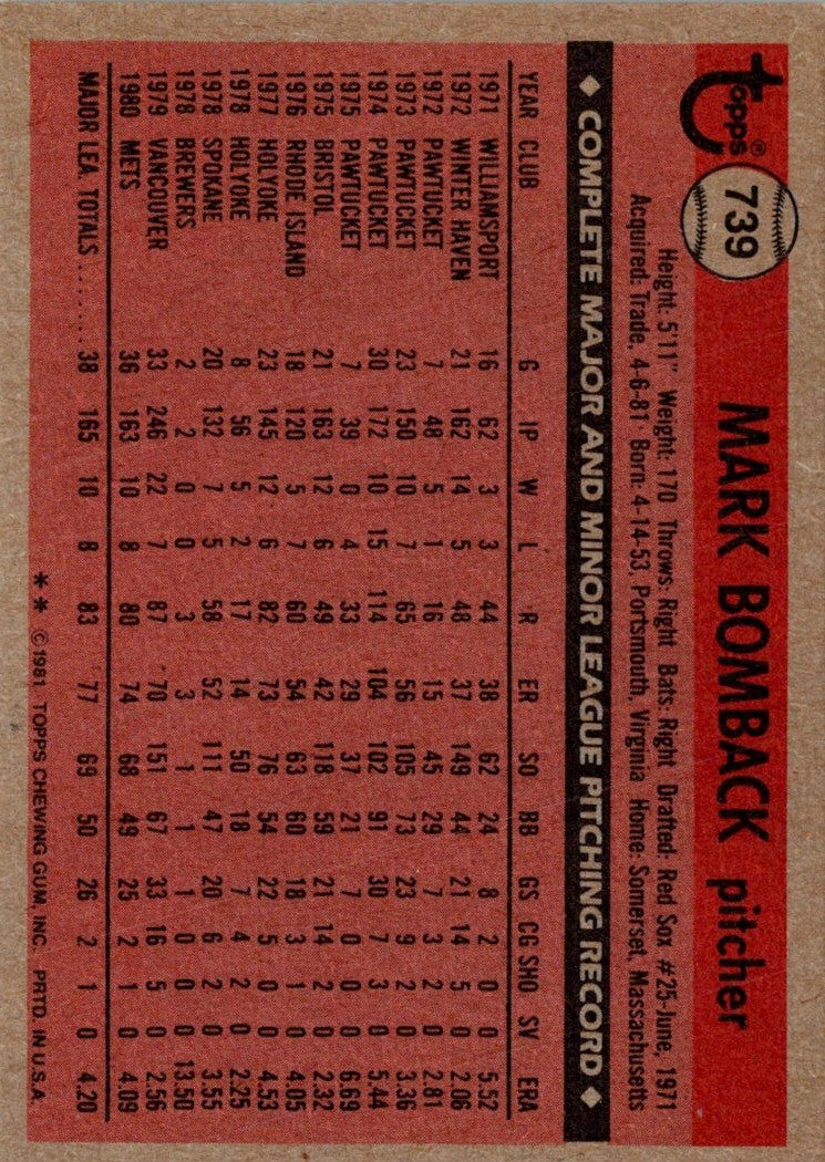 1981 Topps Traded Mark Bomback