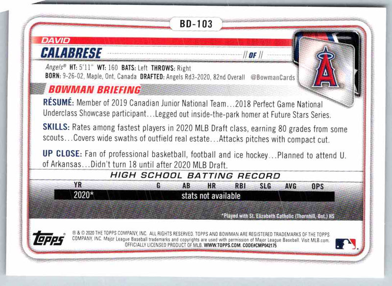 2020 Bowman Draft David Calabrese