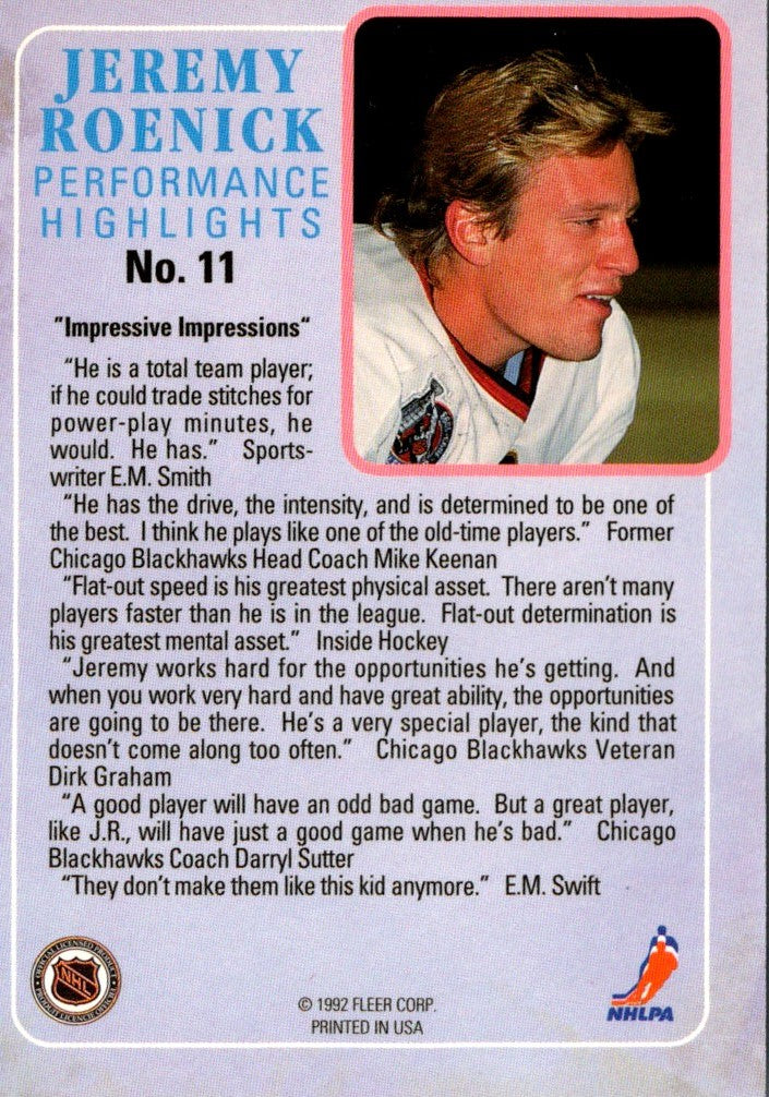 1992 Ultra Jeremy Roenick Performance Highlights Jeremy Roenick