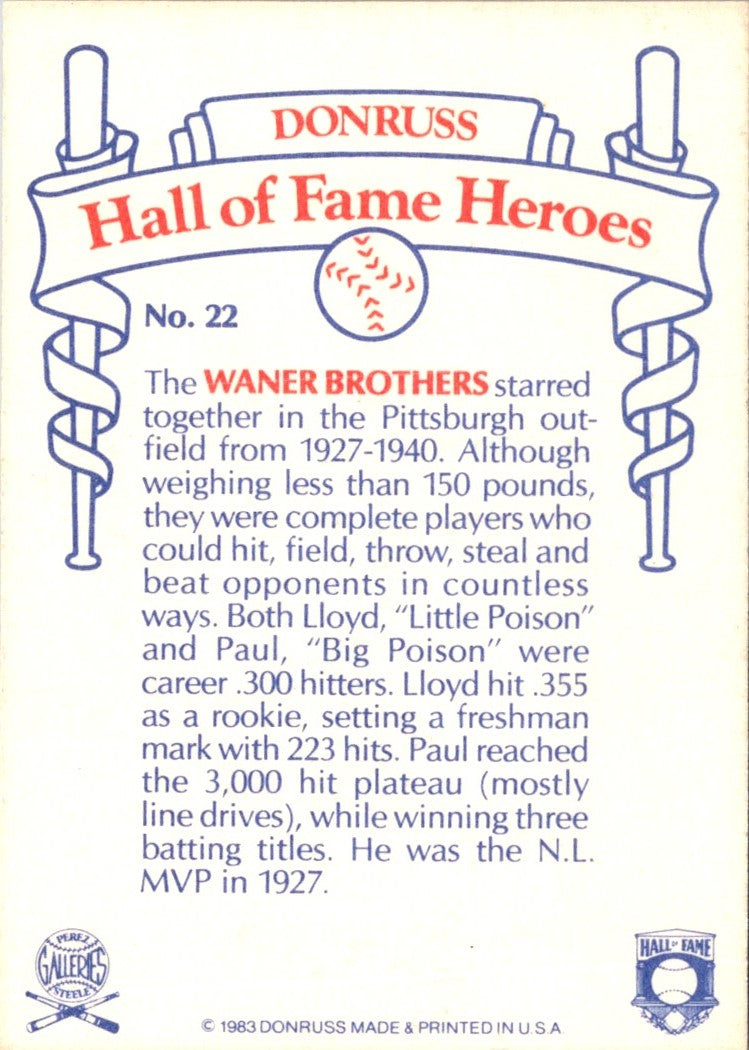 1983 Donruss Hall of Fame Heroes The Waner Brothers