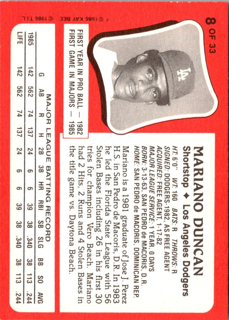 1986 Topps Kay-Bee Young Superstars of Baseball Mariano Duncan