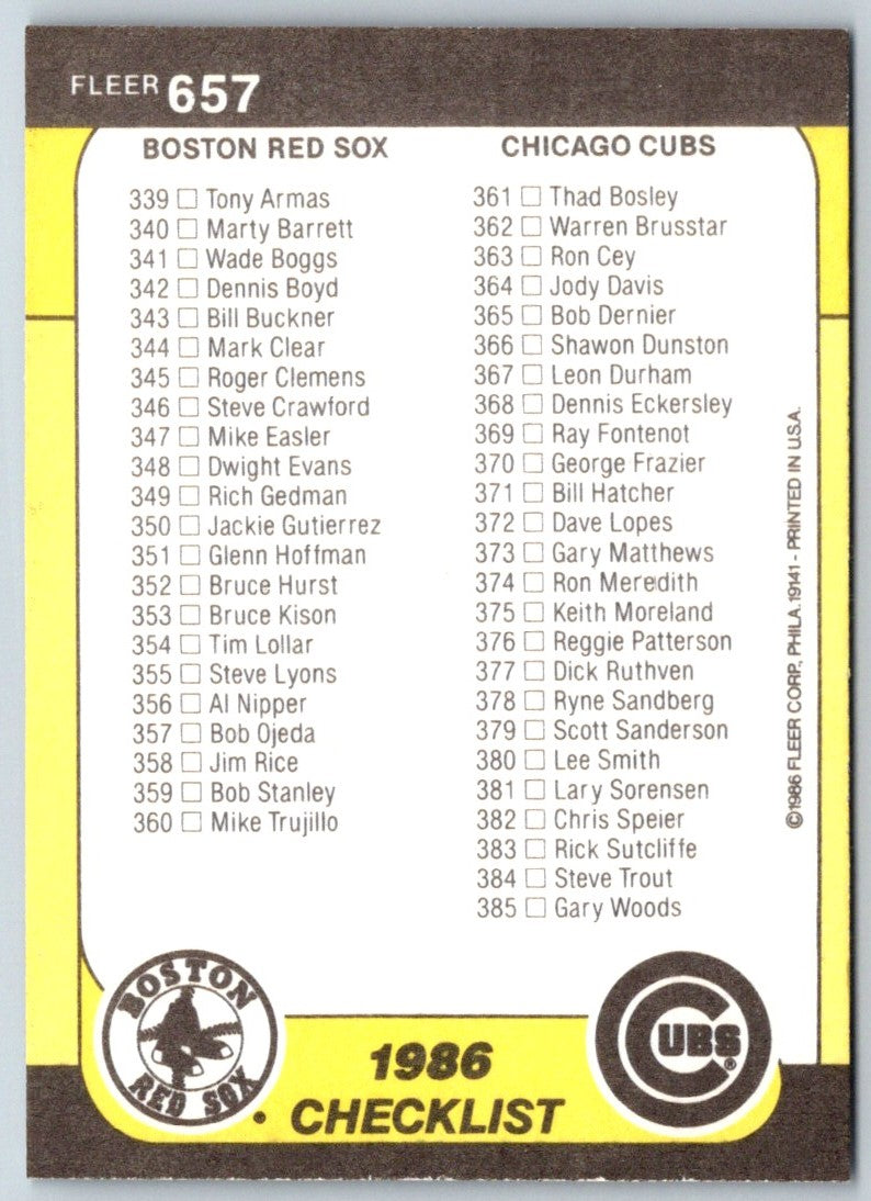 1986 Fleer Checklist: Astros/Padres/Red Sox/Cubs