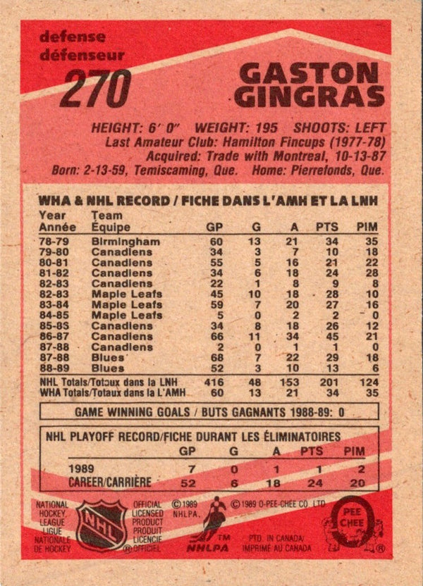 1989 O-Pee-Chee Gaston Gingras #270