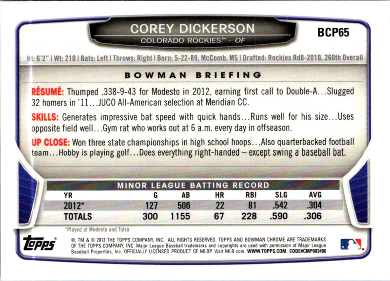 2013 Bowman Chrome Prospects Corey Dickerson