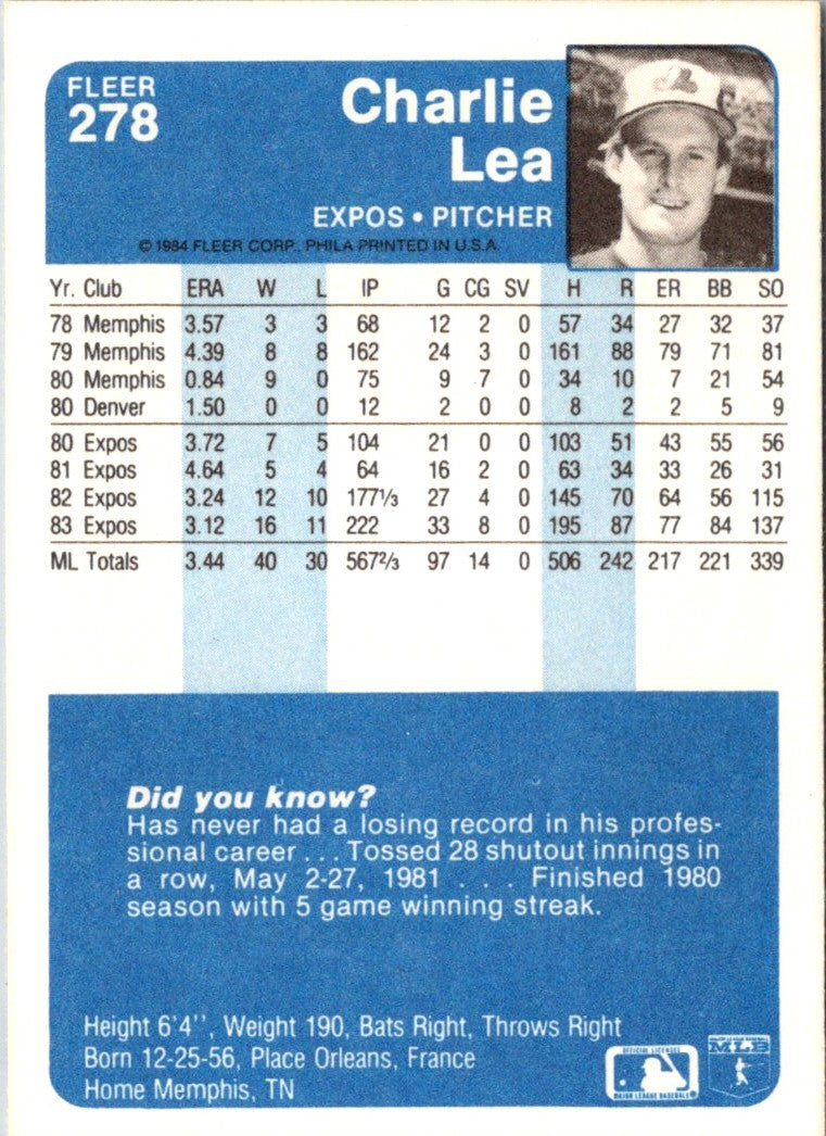 1984 Fleer Charlie Lea