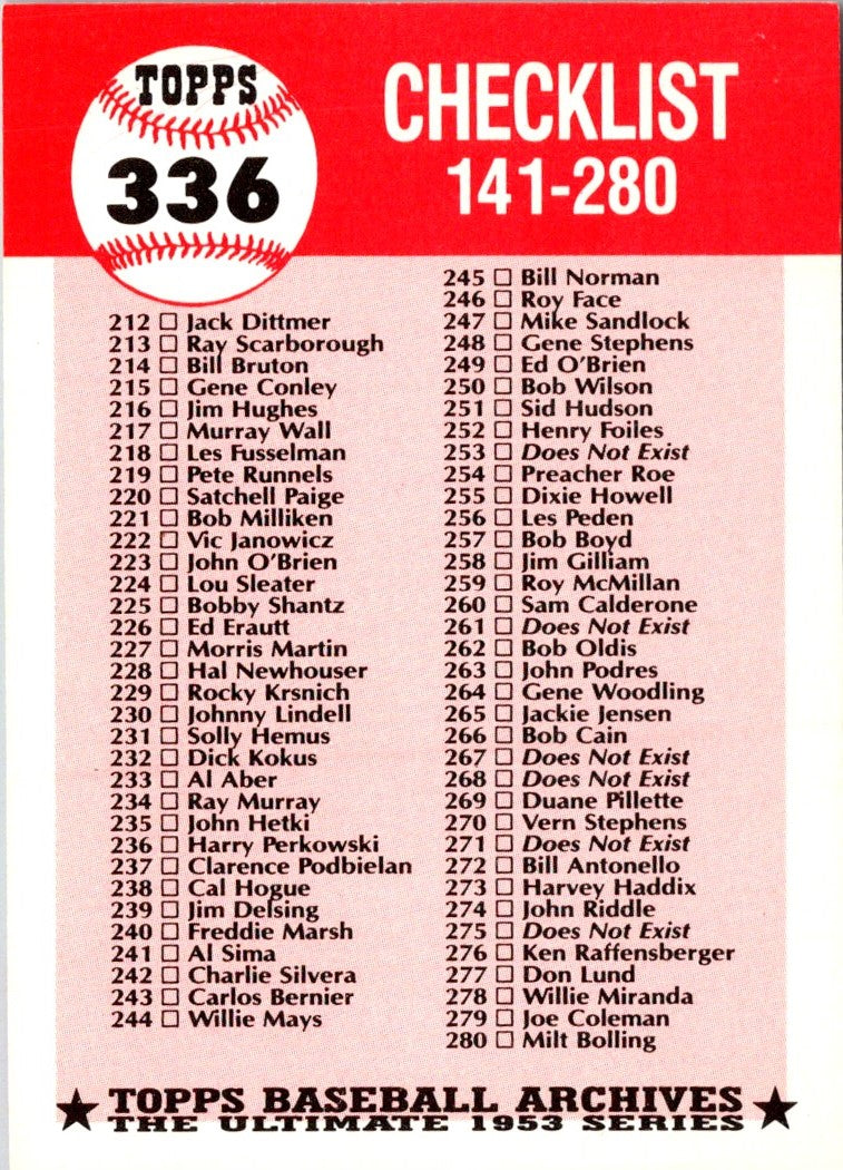 1991 Topps Archives 1953 Checklist 141-280