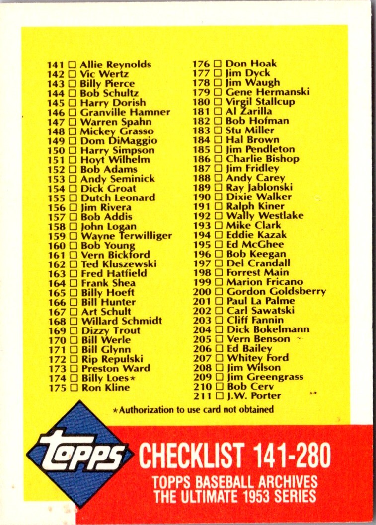 1991 Topps Archives 1953 Checklist 141-280