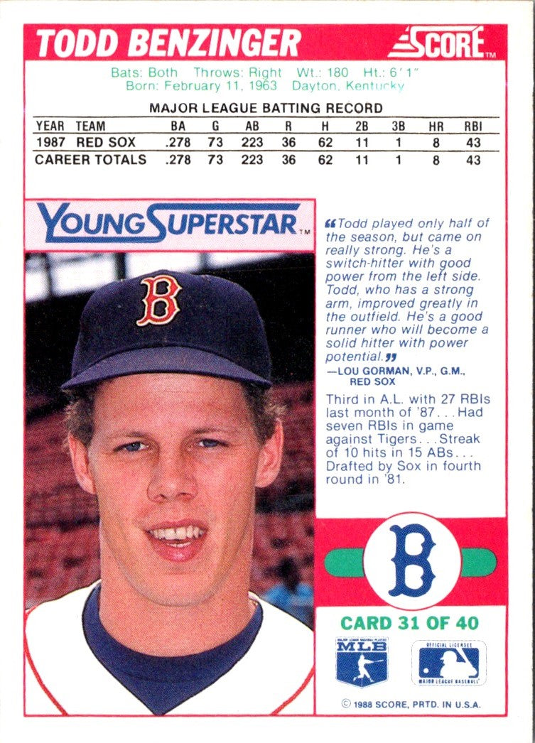 1988 Score Young Superstars I Todd Benzinger