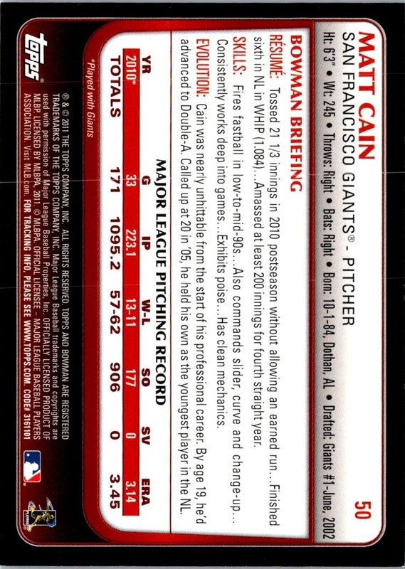 2011 Bowman Matt Cain #50 NM-MT