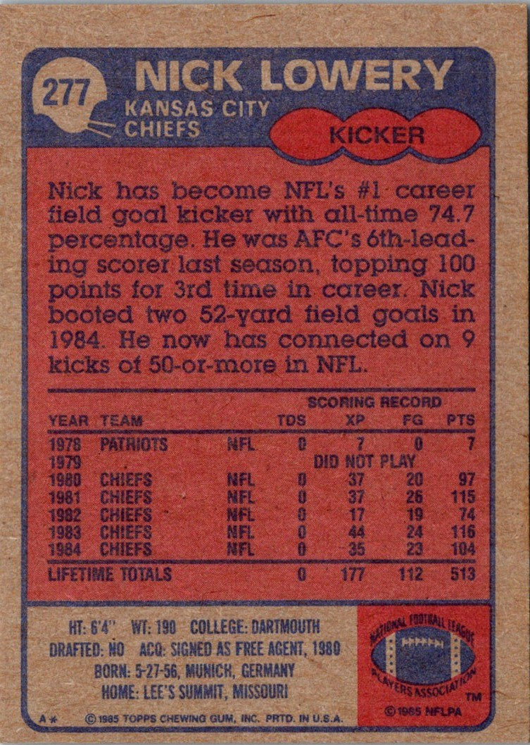 1985 Topps Nick Lowery