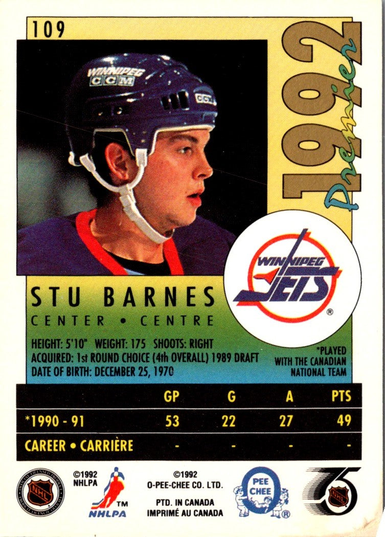 1991 O-Pee-Chee Premier Stu Barnes