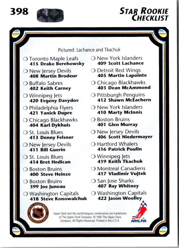 1992 Upper Deck Star Rookie Checklist