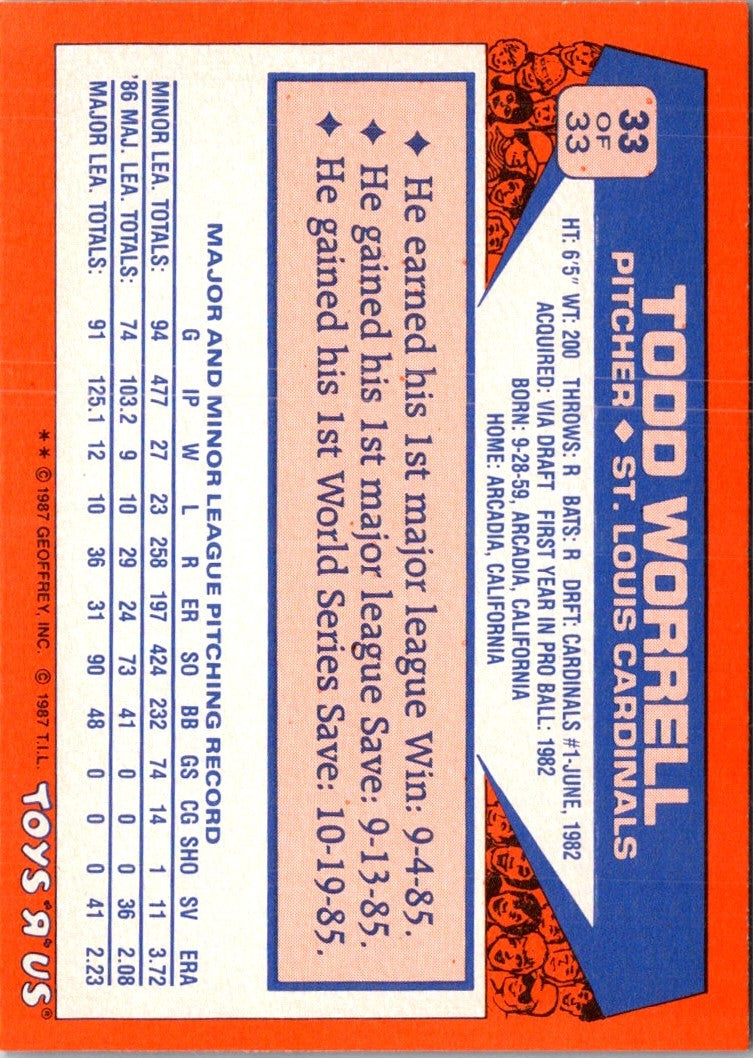 1987 Topps Toys'R'Us Rookies Todd Worrell