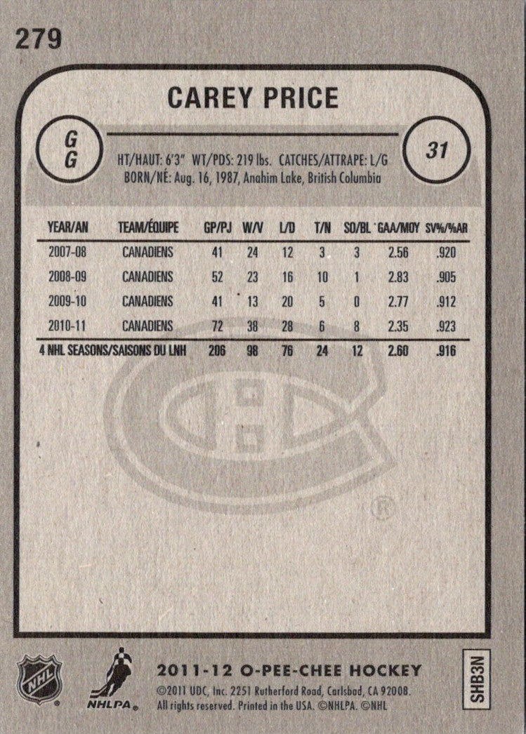 2011 O-Pee-Chee Carey Price