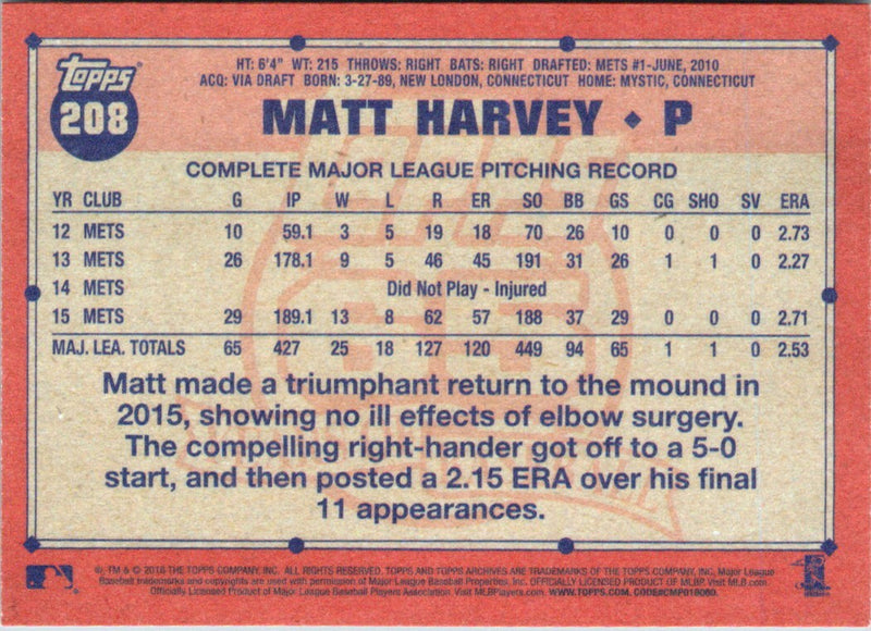 2016 Topps Archives Matt Harvey