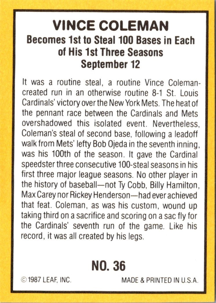 1987 Donruss Highlights Vince Coleman