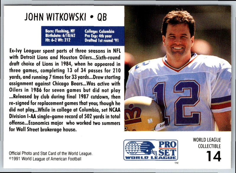 1991 Pro Set WLAF World Bowl Combo John Witkowski