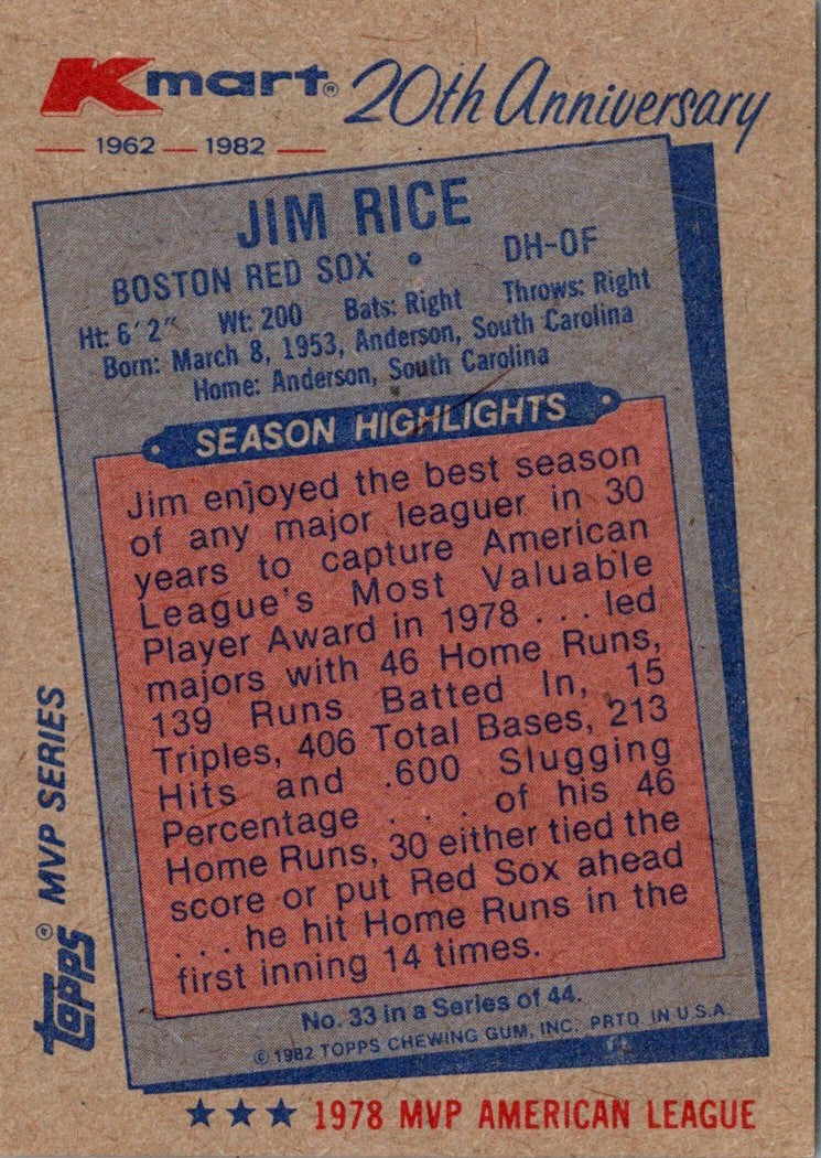 1982 Topps Kmart 20th Anniversary Jim Rice