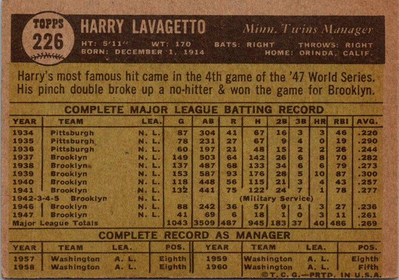 1961 Topps Harry Lavagetto