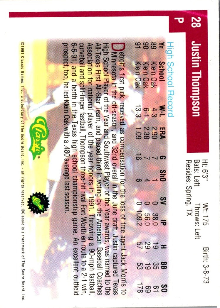 1991 Classic Draft Picks Justin Thompson
