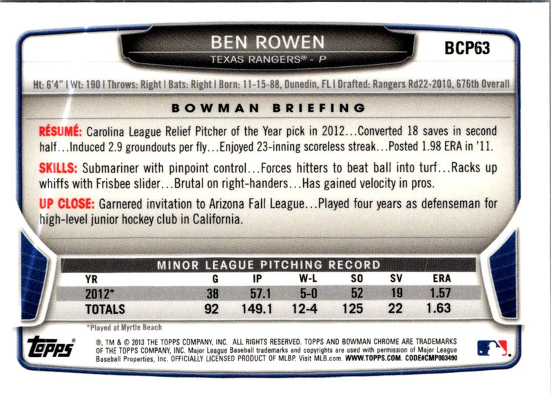 2013 Bowman Chrome Prospects Ben Rowen