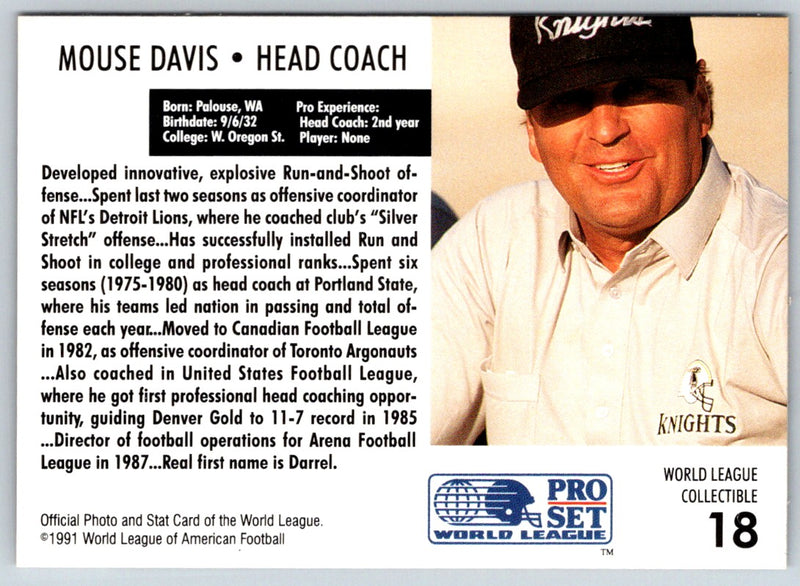 1991 Pro Set WLAF World Bowl Combo Mouse Davis