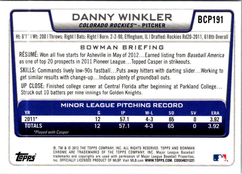 2012 Bowman Chrome Prospects Danny Winkler