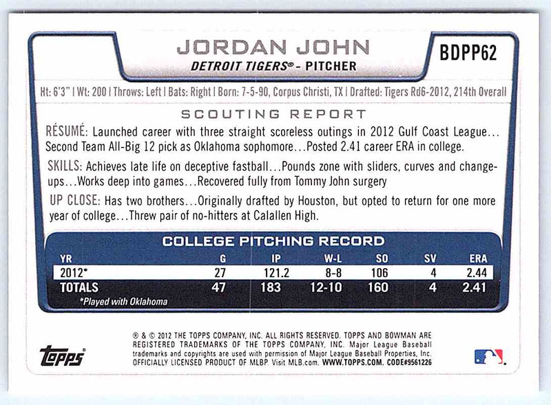 2012 Bowman Jordan John