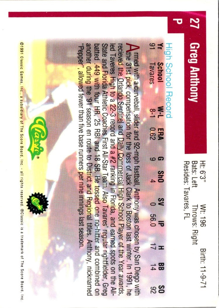 1991 Classic Draft Picks Greg Anthony