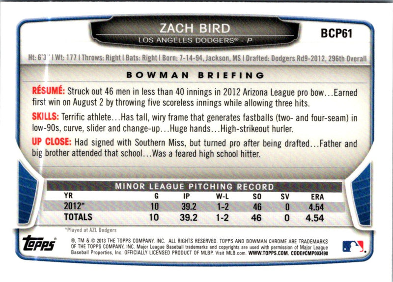 2013 Bowman Chrome Prospects Zach Bird