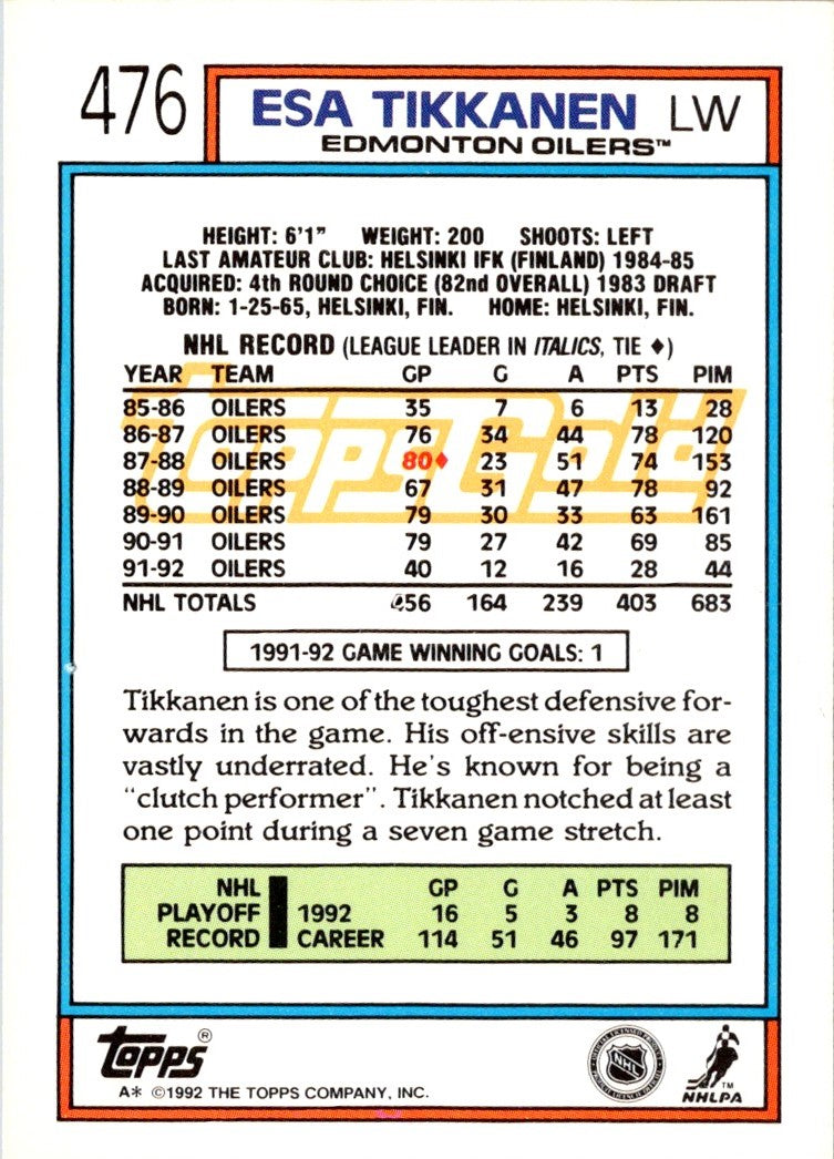 1992 Topps Esa Tikkanen