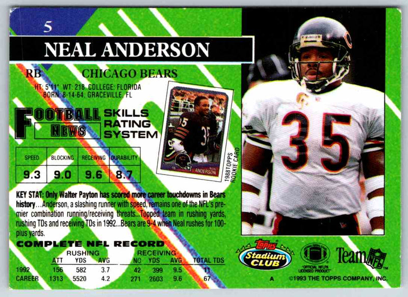 1991 Topps Stadium Club Football Neal Anderson