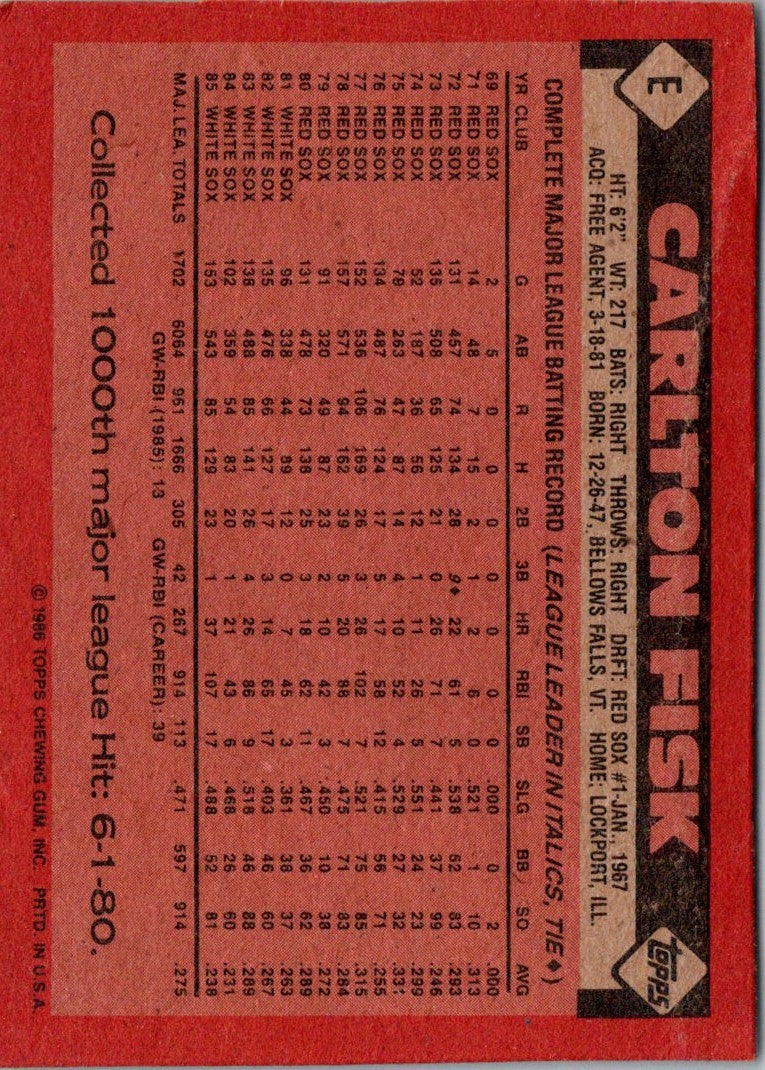 1986 Topps Wax Box Cards Carlton Fisk