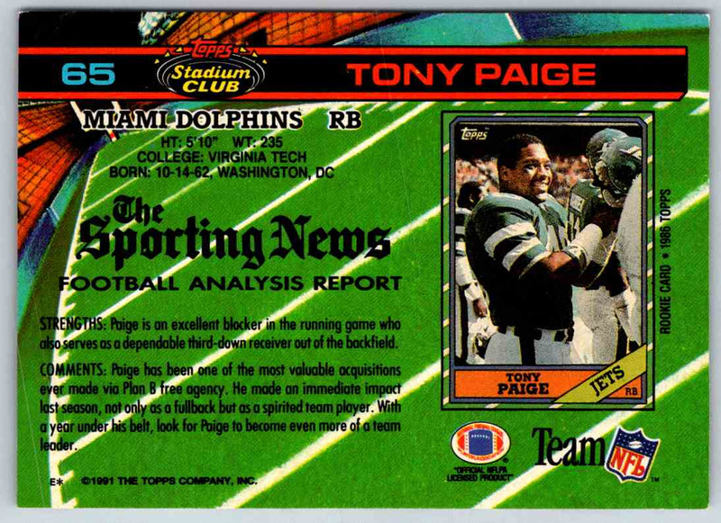1991 Topps Stadium Club Football Tony Paige
