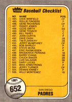1981 Fleer Checklist: Tigers/Padres #652B