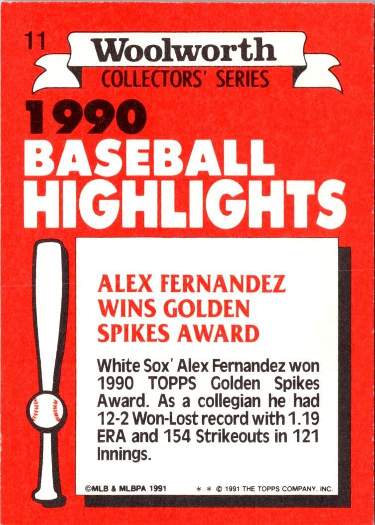 1991 Topps Woolworth Baseball Highlights Alex Fernandez