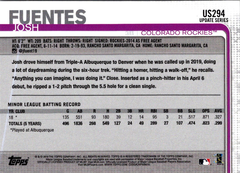 2019 Topps Update Josh Fuentes