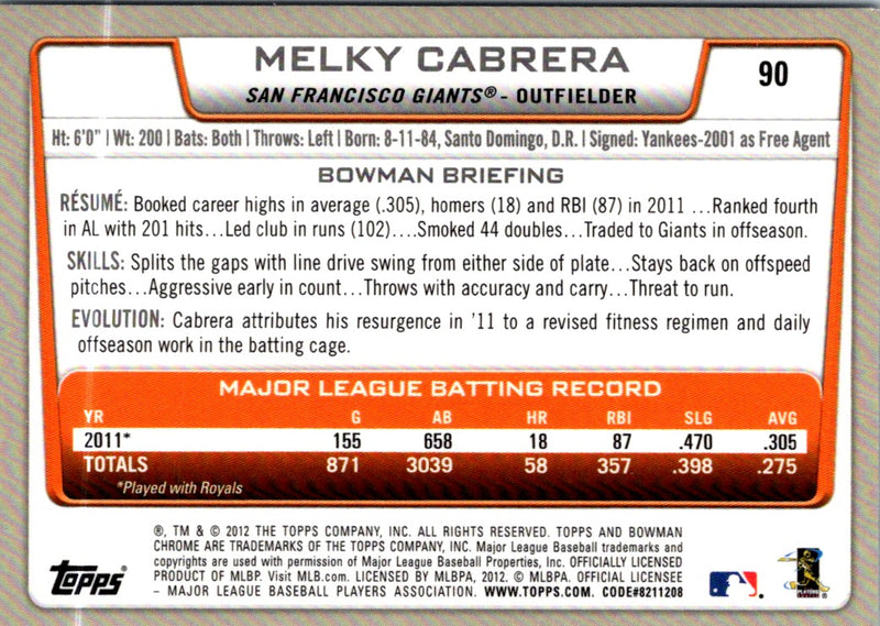 2012 Bowman Chrome Melky Cabrera