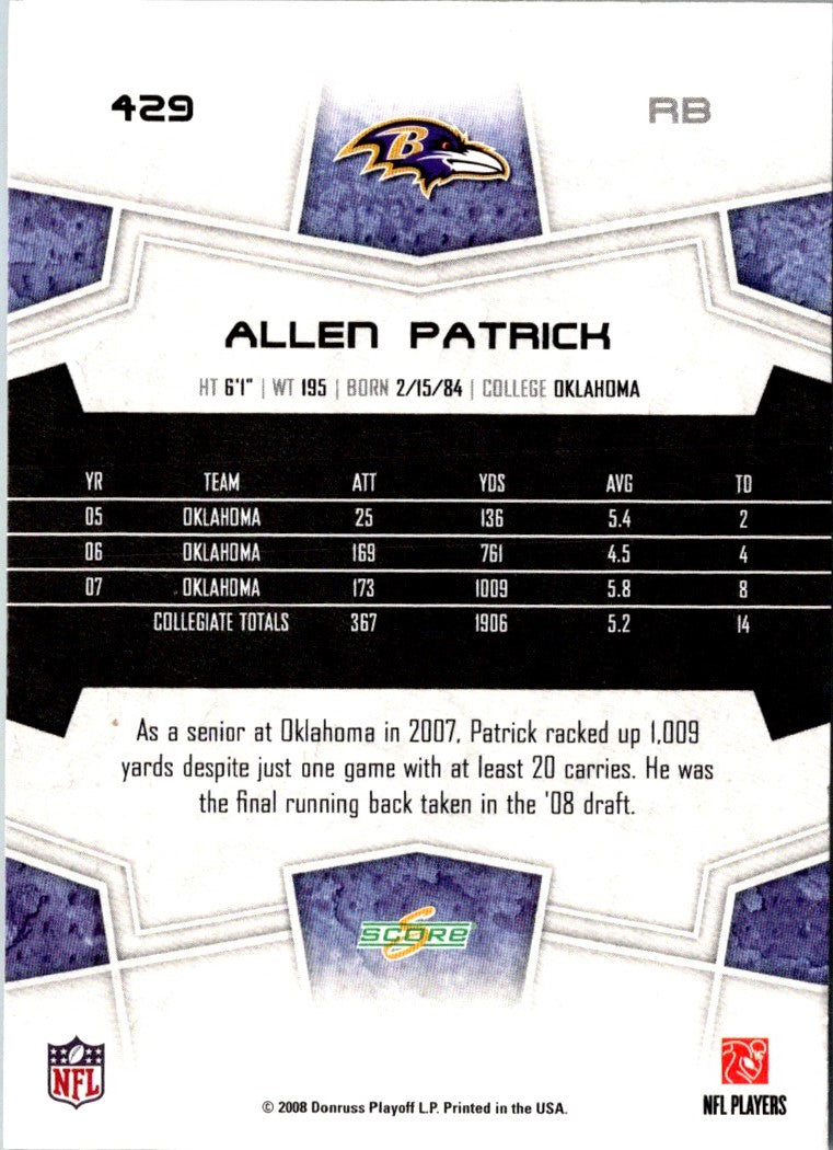 2008 Score Super Bowl XLIII Allen Patrick