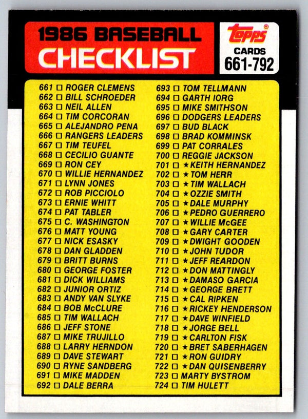 1986 Topps Checklist 661-792 #791