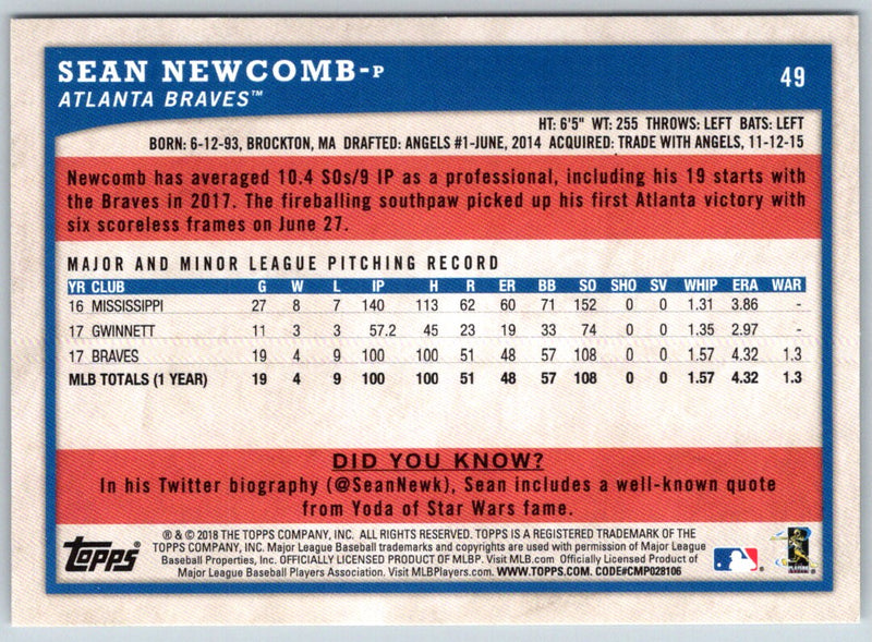 2018 Topps Big League Sean Newcomb