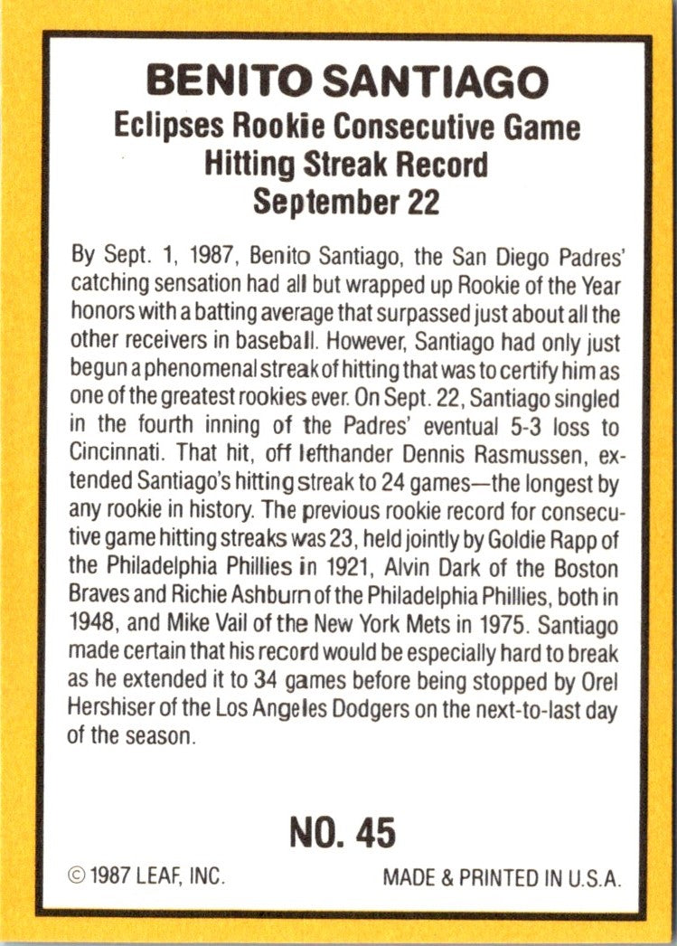 1987 Donruss Highlights Benito Santiago