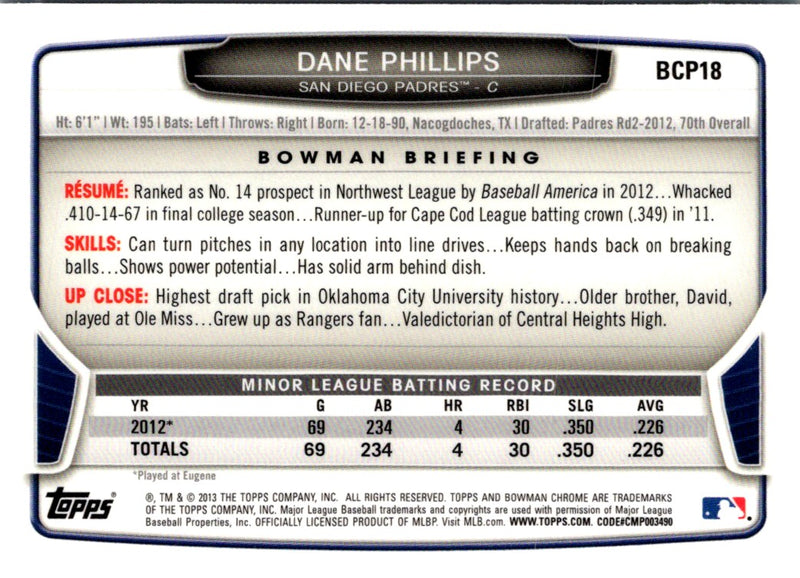 2013 Bowman Chrome Prospects Dane Phillips