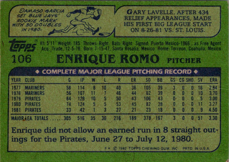 1982 Topps Enrique Romo