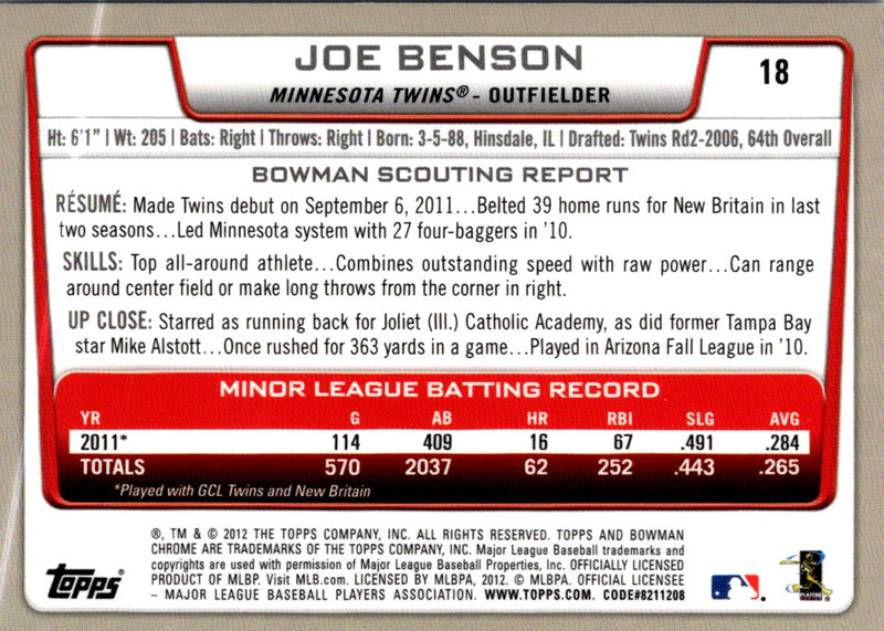 2012 Bowman Chrome Joe Benson