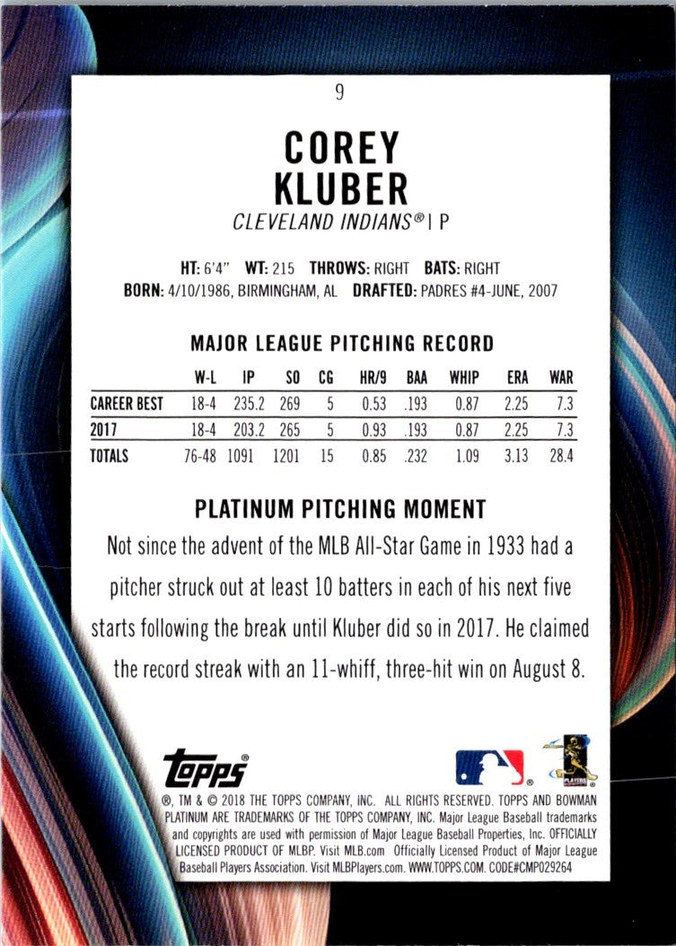 2018 Bowman Platinum Corey Kluber