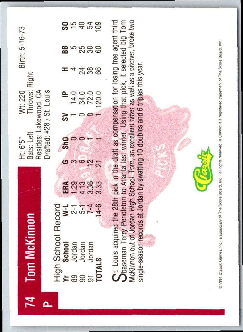 1991 Classic Draft Picks Tom McKinnon
